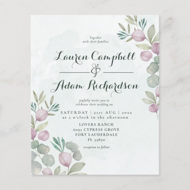 Papier Budget Éucalyptus Sage Faire-part de mariage vert (Devant)