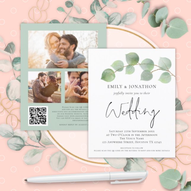 Papier BUDGET Eucalyptus Script 3 photo QR Wedding Invite (Créateur téléchargé)