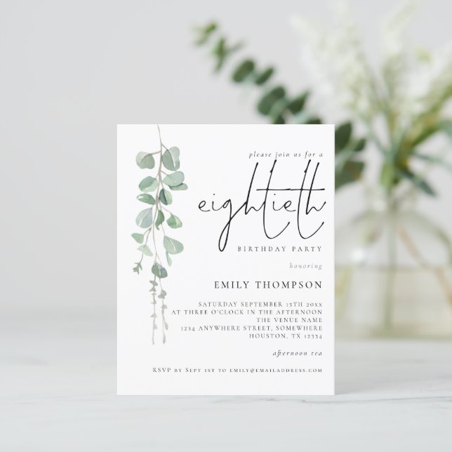 Papier Budget Eucalyptus Script 80e anniversaire Invitati (Debout devant)
