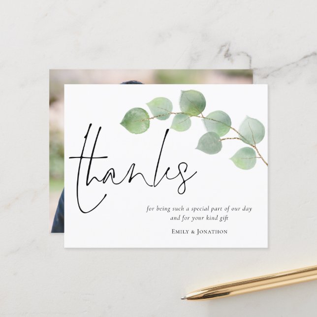 Papier Budget Eucalyptus Script Mariage photo Merci (Devant/Arrière en situation)