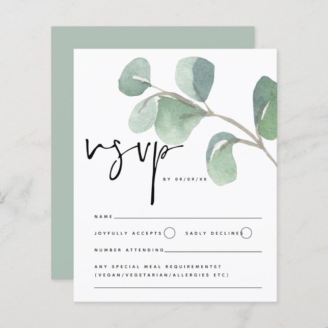 Papier Budget Eucalyptus Script Mariage RSVP Enclôture (Devant / Derrière)