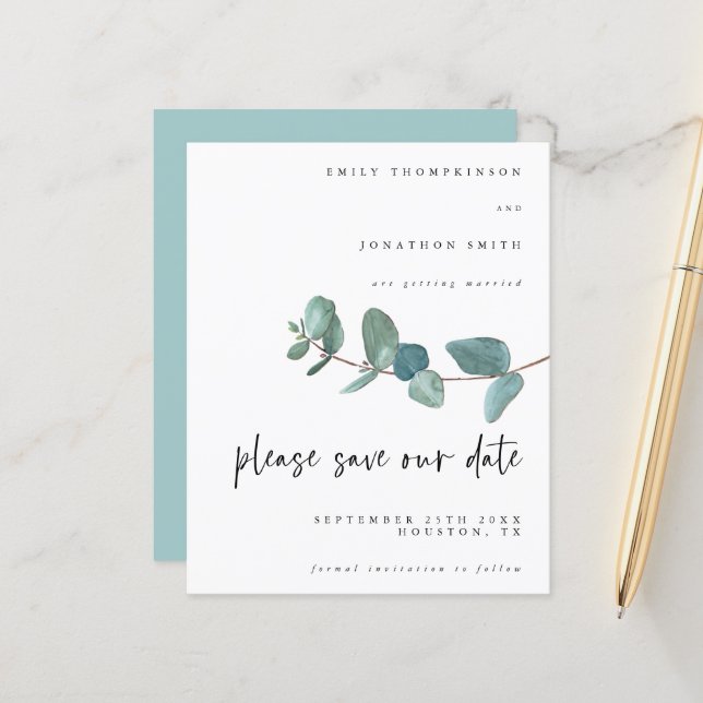 Papier Budget Eucalyptus Script Mariage Sauvegarder La Da (Devant/Arrière en situation)