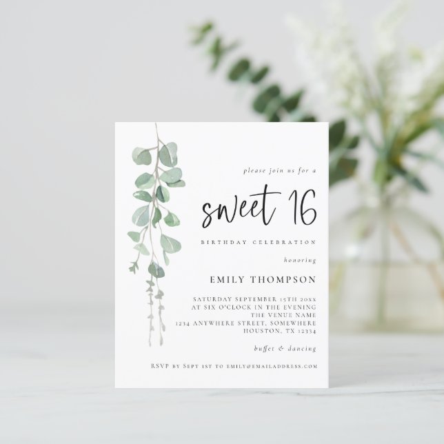 Papier Budget Eucalyptus Script Sweet 16 Invitation (Debout devant)