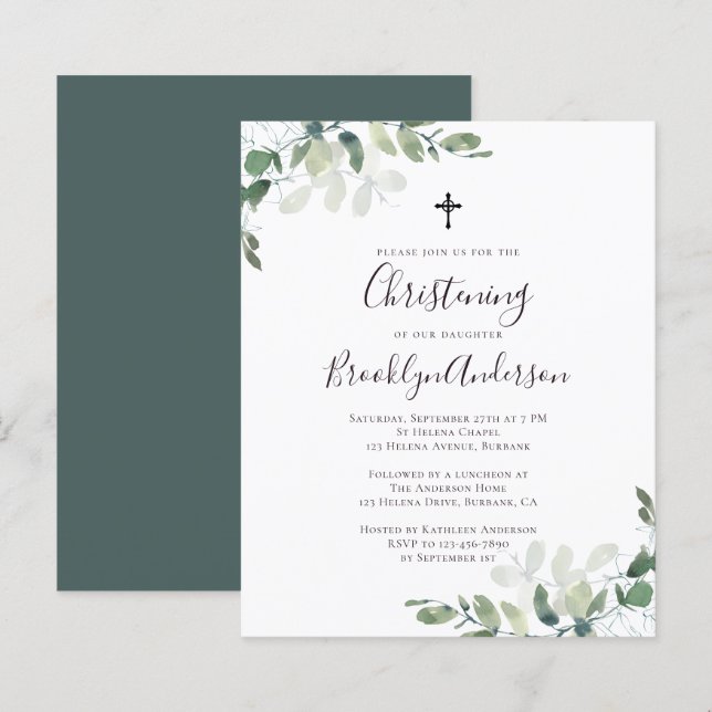 Papier Budget Eucalyptus verdure Christening Invitation (Devant / Derrière)