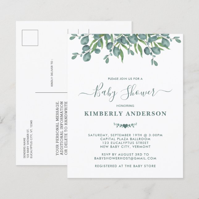 Papier Budget Eucalyptus Vert Baby shower  Invitation (Devant / Derrière)