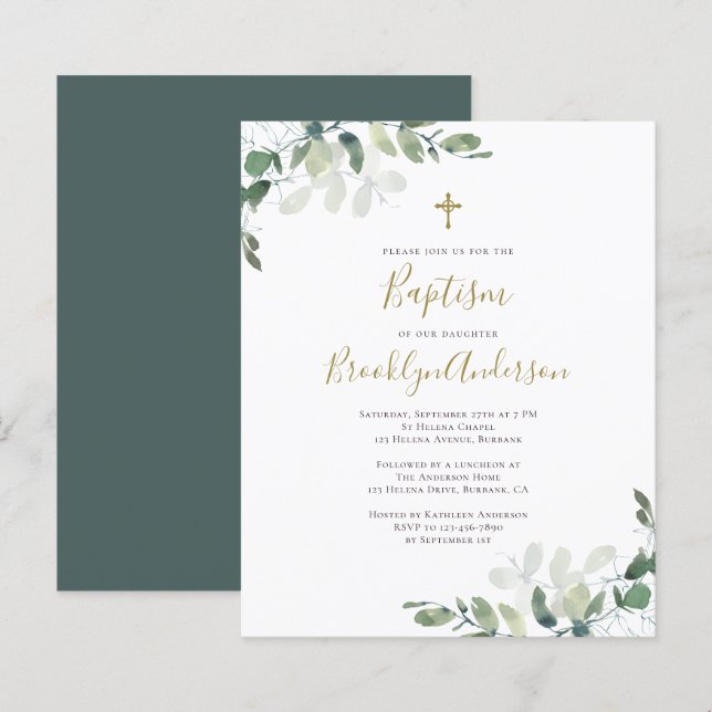 Papier Budget Eucalyptus Vert Baptême Invitation (Devant / Derrière)