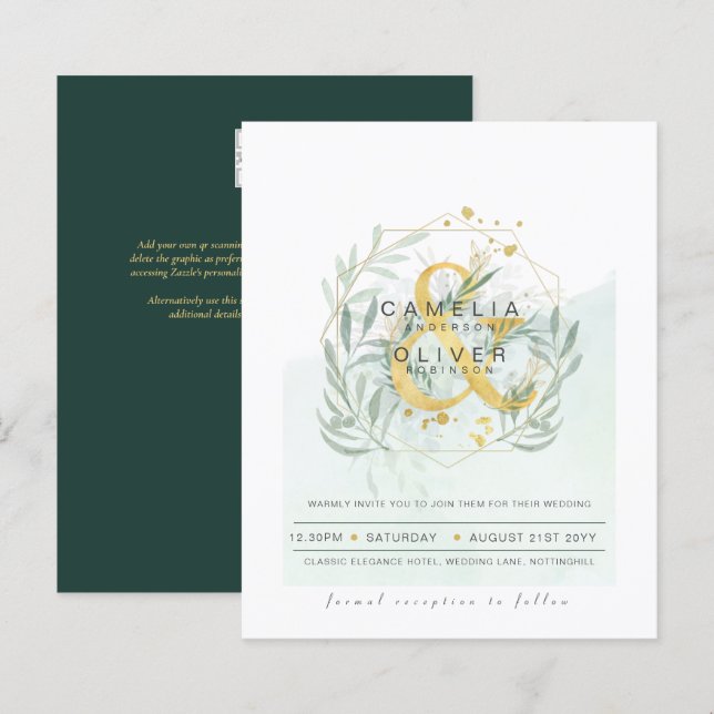 Papier Budget Eucalyptus Vert Mariage QR CODE Invitation (Devant / Derrière)