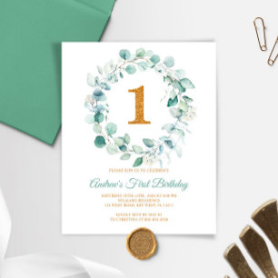 Papier Budget Eucalyptus Wreath First Birthday Invitation