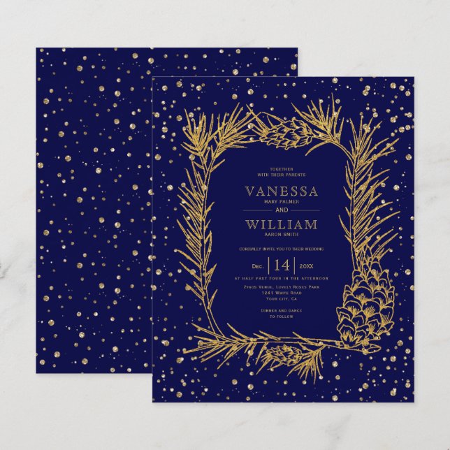 Papier BUDGET faire-part de mariage bleu marine de pin do (Devant / Derrière)
