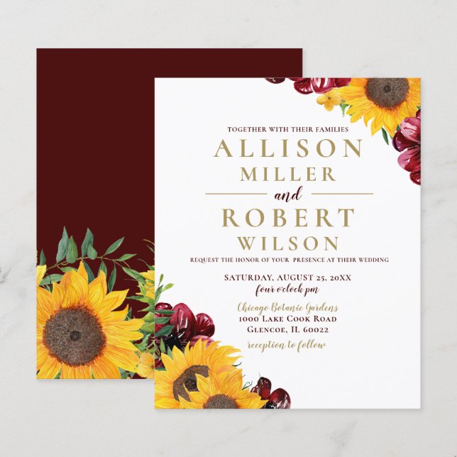 Papier Budget Faire-part de mariage de tournesol Bourgogn (Devant / Derrière)