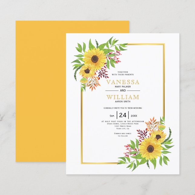 Papier BUDGET faire-part de mariage de tournesols (Devant / Derrière)