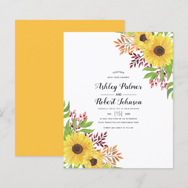 Papier BUDGET faire-part de mariage des tournesols jaunes (Devant / Derrière)