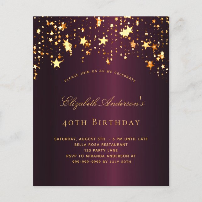 Papier Budget fête d'anniversaire Bourgogne or invitation (Devant)