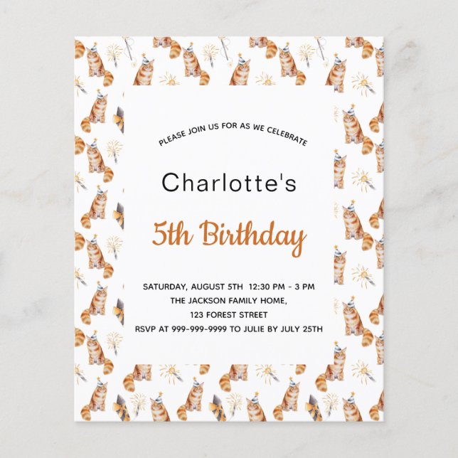 Papier Budget fête d'anniversaire chats blanc fille d'or (Devant)