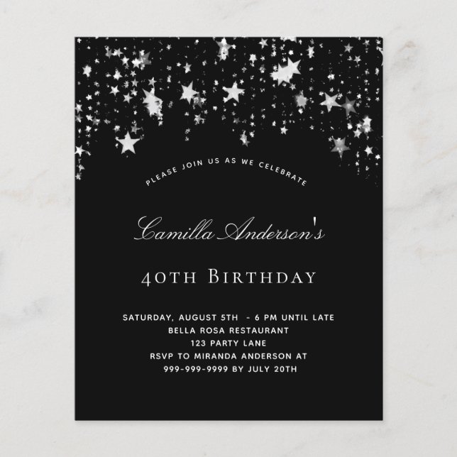 Papier Budget fête d'anniversaire noir blanc étoiles (Devant)
