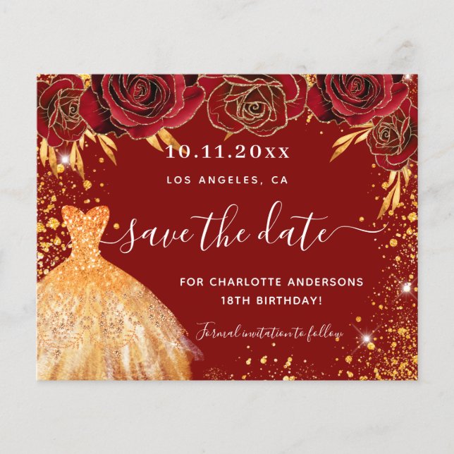 Papier Budget fête d'anniversaire robe or rouge enregistr (Devant)