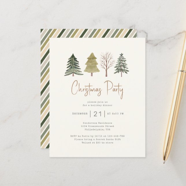 Papier Budget Fête de Noël Aquarelle Pine Arbres (Devant/Arrière en situation)