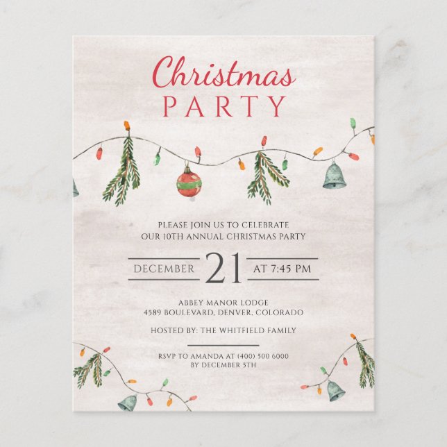 Papier Budget Fête de Noël Lumières Décor Invitation (Devant)