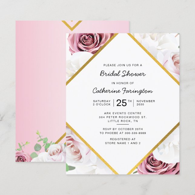 Papier Budget Fête des mariées rose Floral Or Frame (Devant / Derrière)