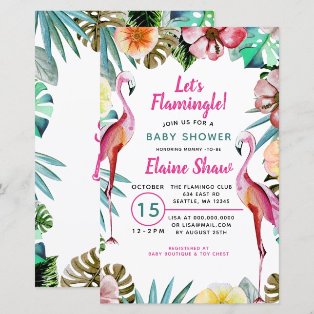 Papier Budget Flamant rose tropical Baby shower Invitatio (Devant / Derrière)