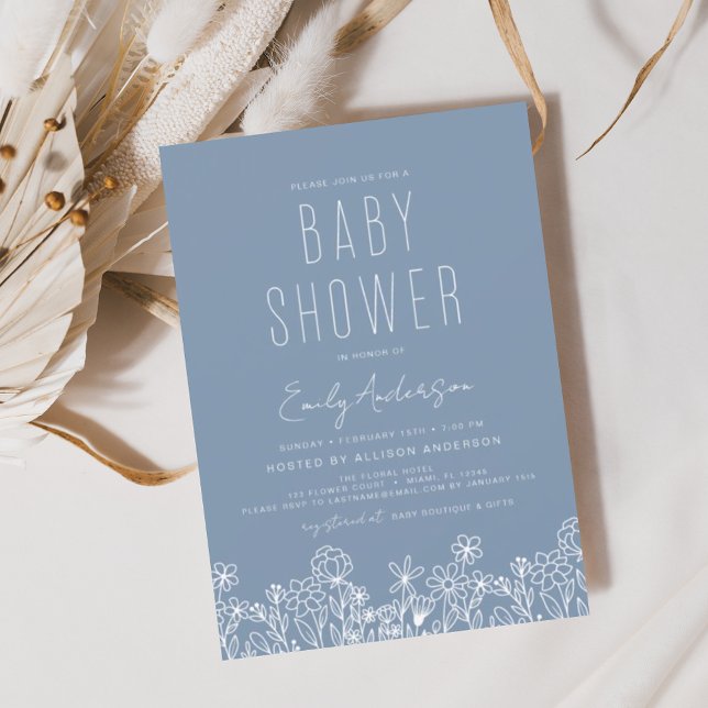 Papier Budget Fleur sauvage Boho Baby shower Dusty Blue (Créateur téléchargé)