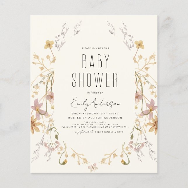Papier Budget Fleur sauvage Boho Baby shower Élégant mode (Devant)