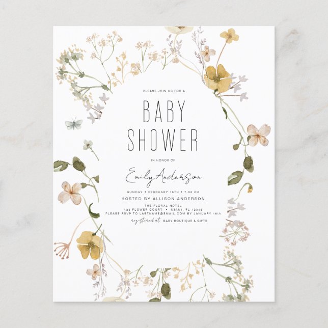 Papier Budget Fleur sauvage Boho Baby shower Élégant mode (Devant)