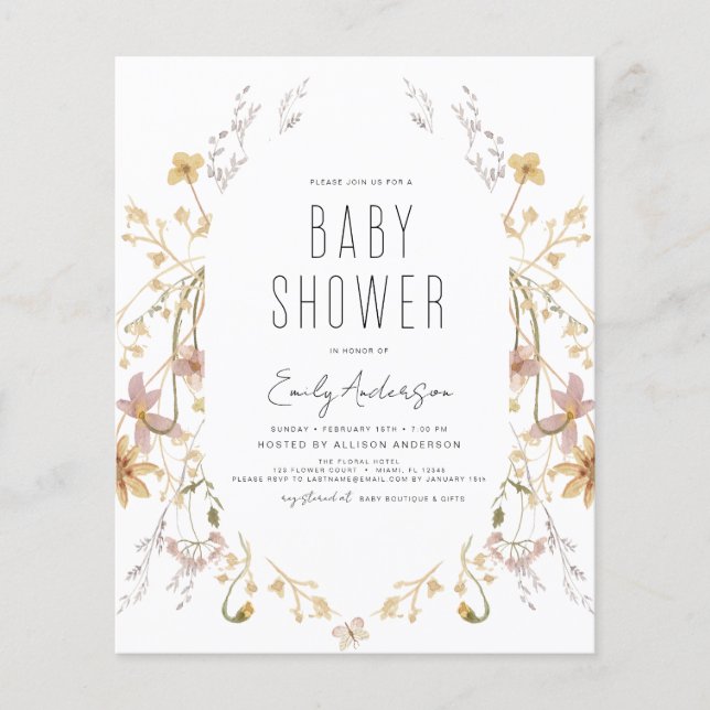 Papier Budget Fleur sauvage Boho Baby shower Élégant mode (Devant)
