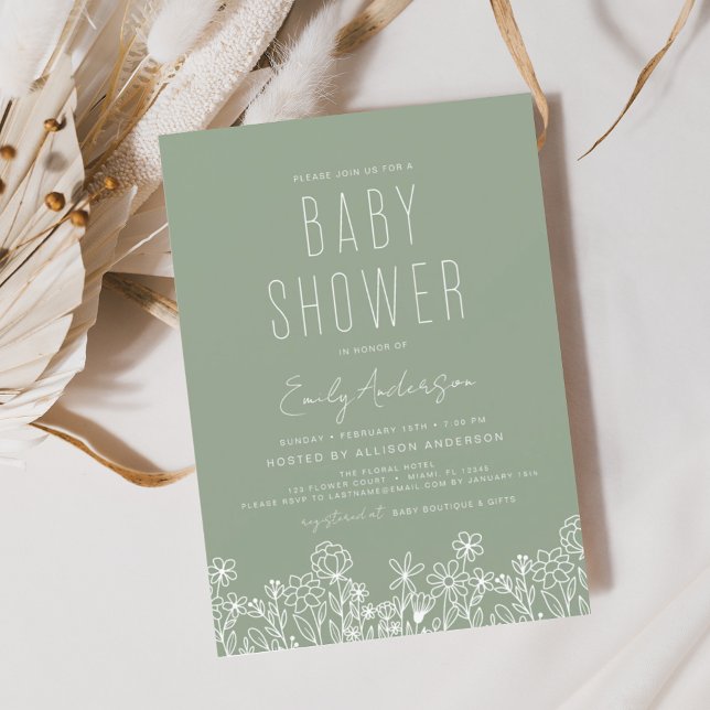 Papier Budget Fleur sauvage Boho Baby shower Sage Green (Créateur téléchargé)