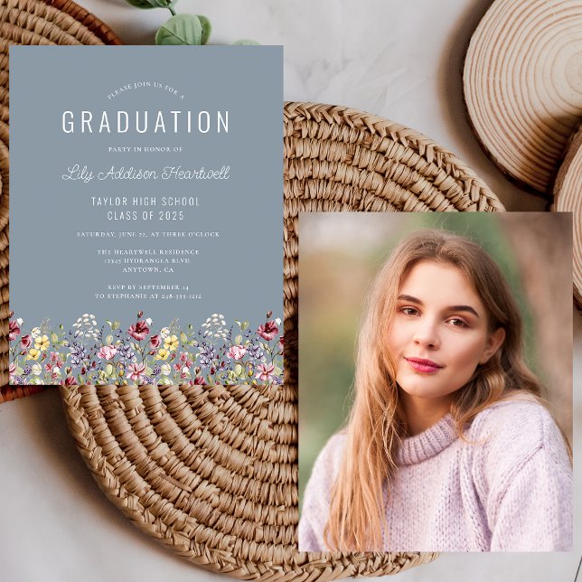 Papier Budget Fleur sauvage Photo Dusty Blue Grad Party (Créateur téléchargé)