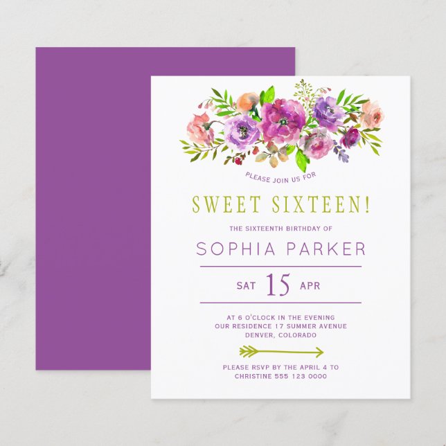 Papier Budget fleuri violet Sweet 16 anniversaire invitat (Devant / Derrière)