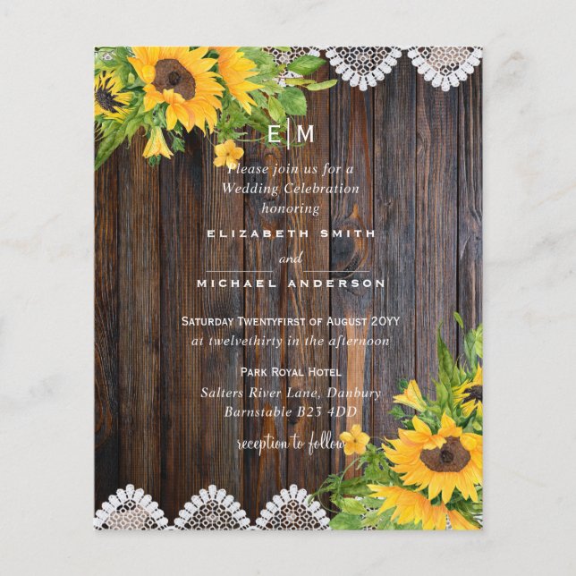 Papier BUDGET Fleurs de soleil en bois rustique Mariage d (Devant)
