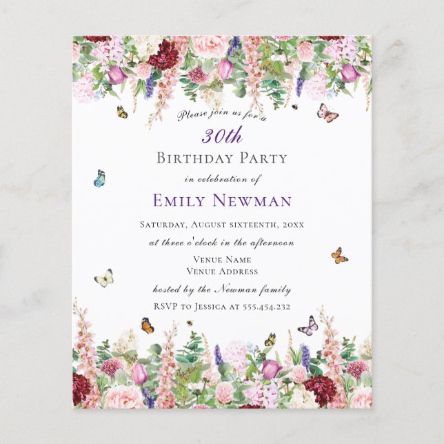 Papier Budget Floral 30e Anniversaire Fête Invitation (Devant)