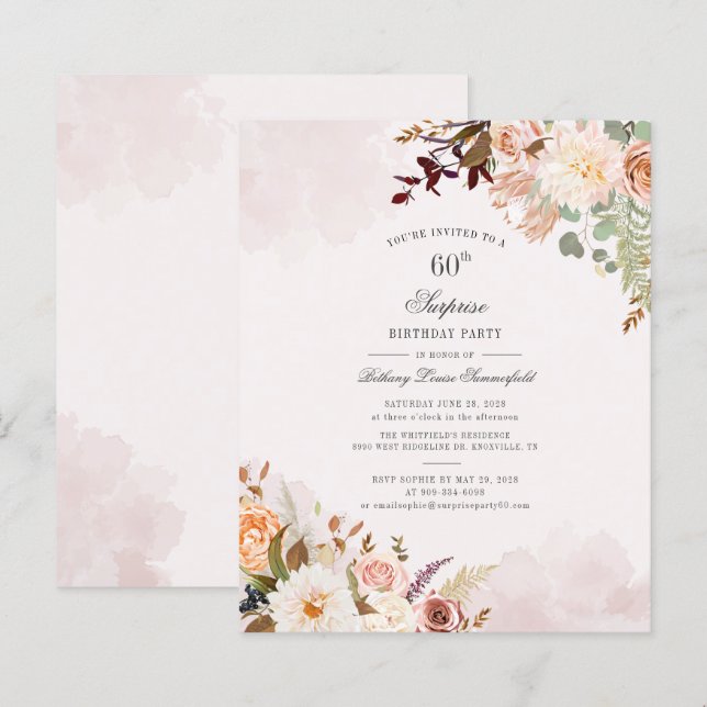 Papier Budget Floral 60e Anniversaire Fête Invitation (Devant / Derrière)