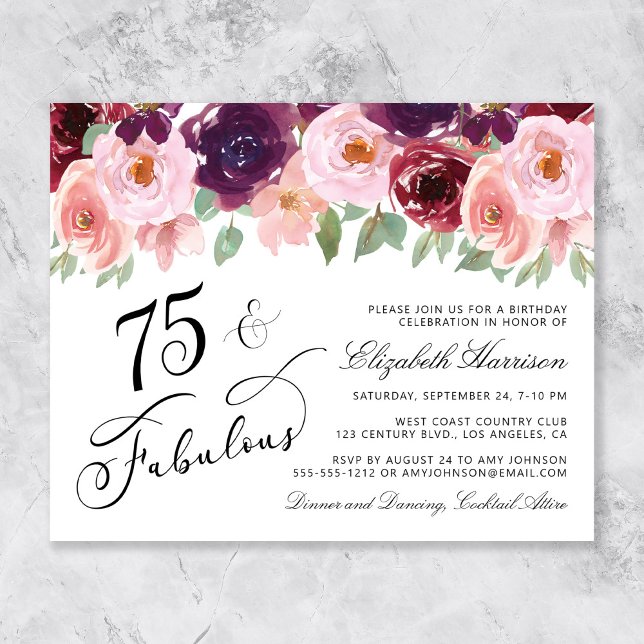 Papier Budget Floral 75e anniversaire de fête Invitation (Créateur téléchargé)
