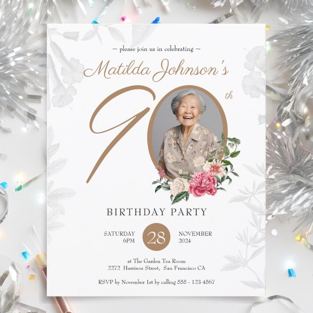 Papier Budget Floral 90e Anniversaire Fête Invitation (Budget Floral 90th Birthday Party Invitation)