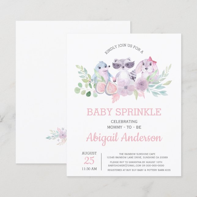 Papier Budget Floral Animal Baby Sprinkl Invitation (Devant / Derrière)