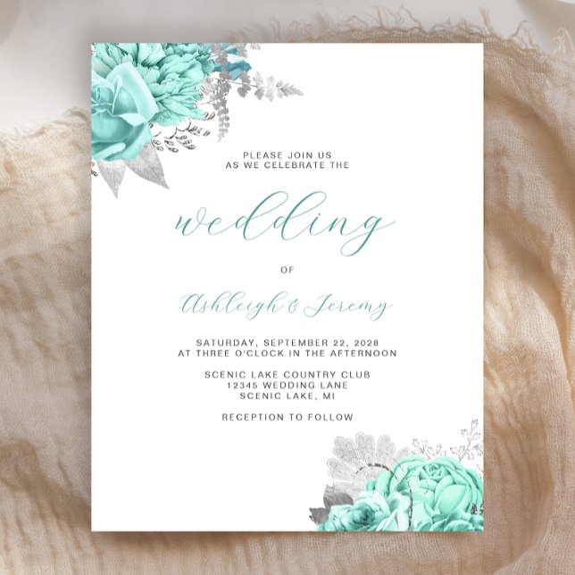 Papier Budget Floral Aqua Silver Script Wedding Invite (Créateur téléchargé)