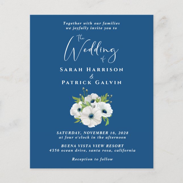 Papier Budget Floral Aquarelle bleu Faire-part de mariage (Devant)
