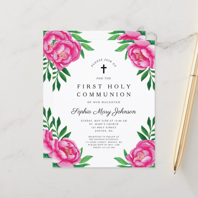 Papier Budget Floral Aquarelle pivoines Première communio (Devant/Arrière en situation)