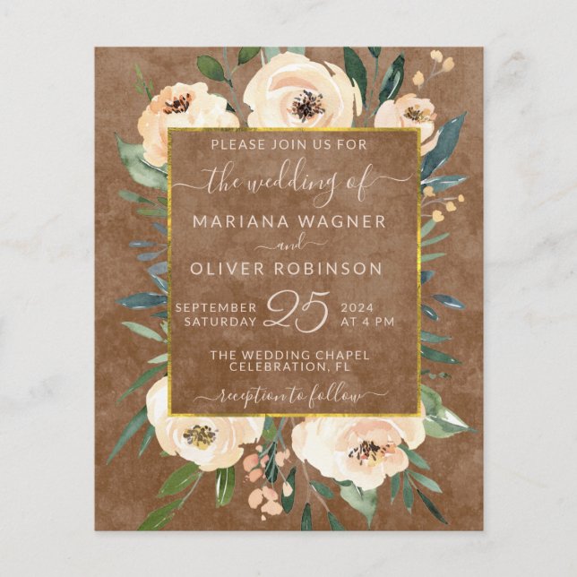 Papier Budget Floral Beige Or Brown Faire-part de mariage (Devant)