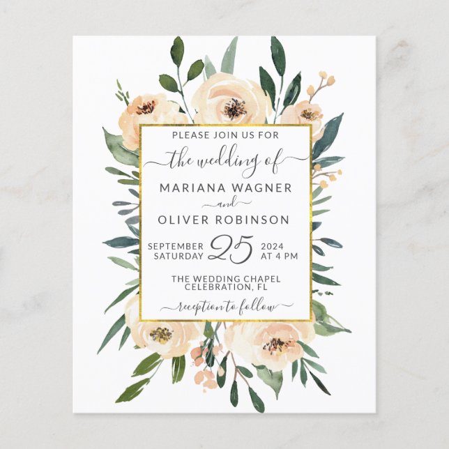 Papier Budget Floral Beige Or Faire-part de mariage Noir (Devant)