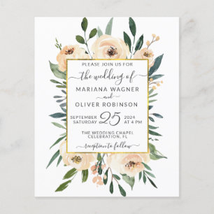 Papier Budget Floral Beige Or Faire-part de mariage Noir