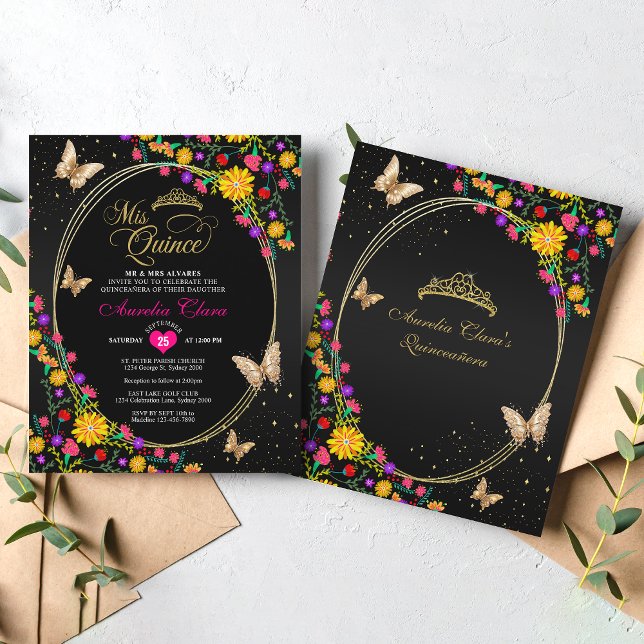 Papier BUDGET Floral Black Gold Butterfly Quinceañera (Créateur téléchargé)
