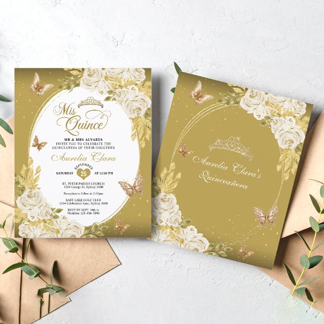 Papier BUDGET Floral Blanc Or Tiara Mis Quinceañera (Créateur téléchargé)