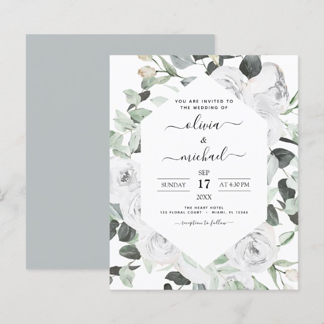 Papier Budget Floral blanc Roses Eucalyptus Mariage (Devant / Derrière)