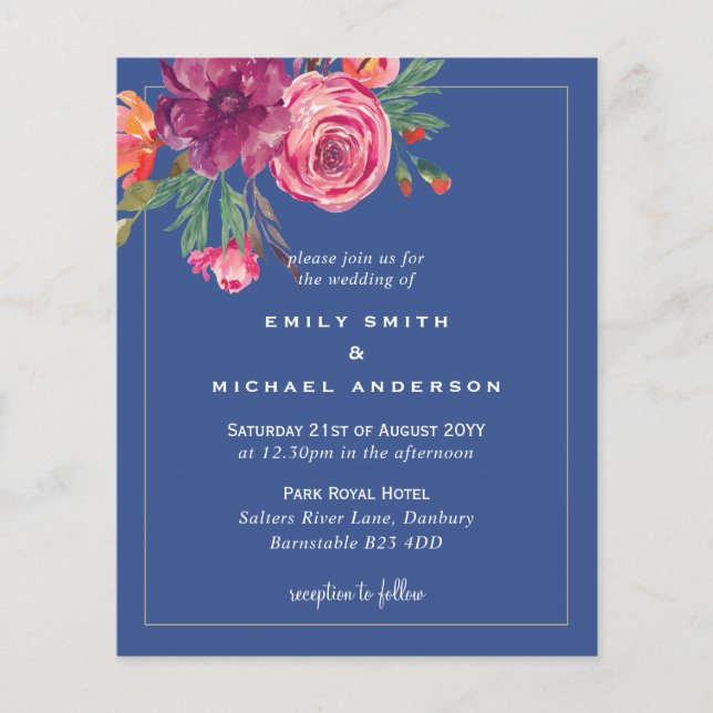 Papier Budget Floral bleu Bourgogne rose orange Mariage (Devant)