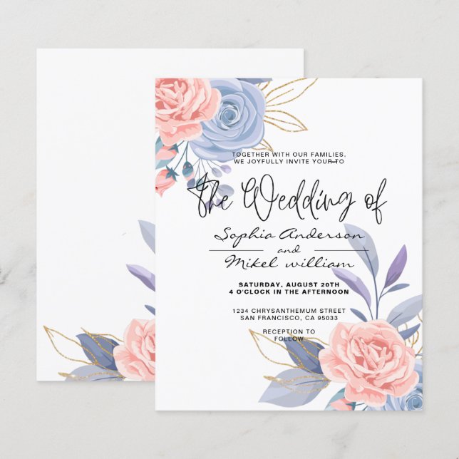 Papier Budget Floral bleu et rose faire-part de mariage d (Devant / Derrière)