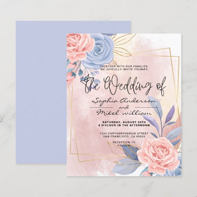 Papier Budget Floral Bleu & Pinceau Rose faire-part de ma (Devant / Derrière)