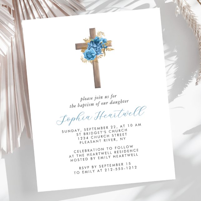 Papier Budget Floral Blue Gold Croix Baptême Invitation (Créateur téléchargé)